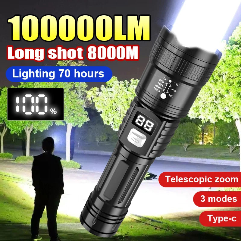 100000LM Super Bright Flashlight Type-C